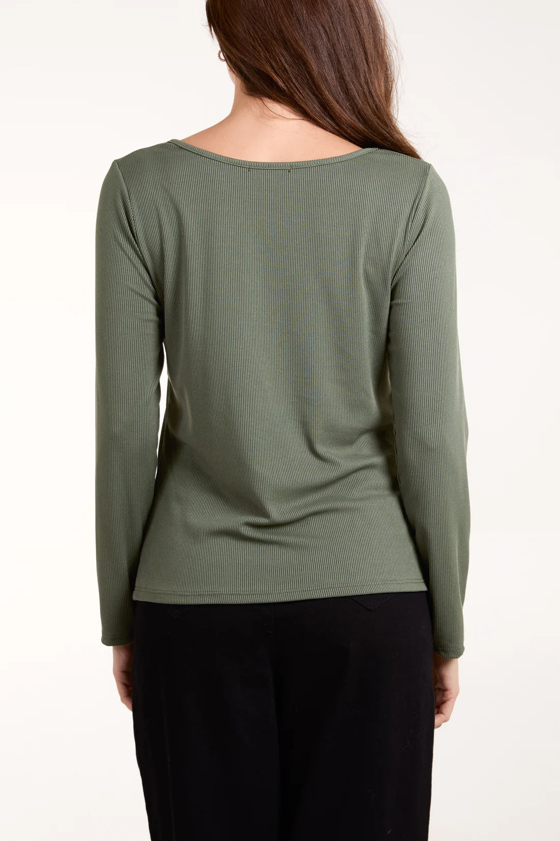 SCOOP NECK RIBBED LONG SLEEVE TOP-KHAKI