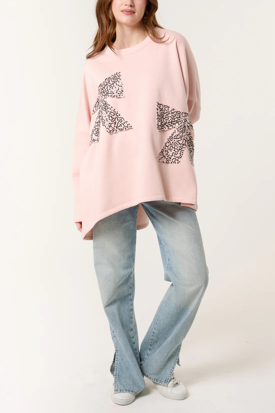 BOW FRONT OVERSIZED SWEATSHIRT-PINK