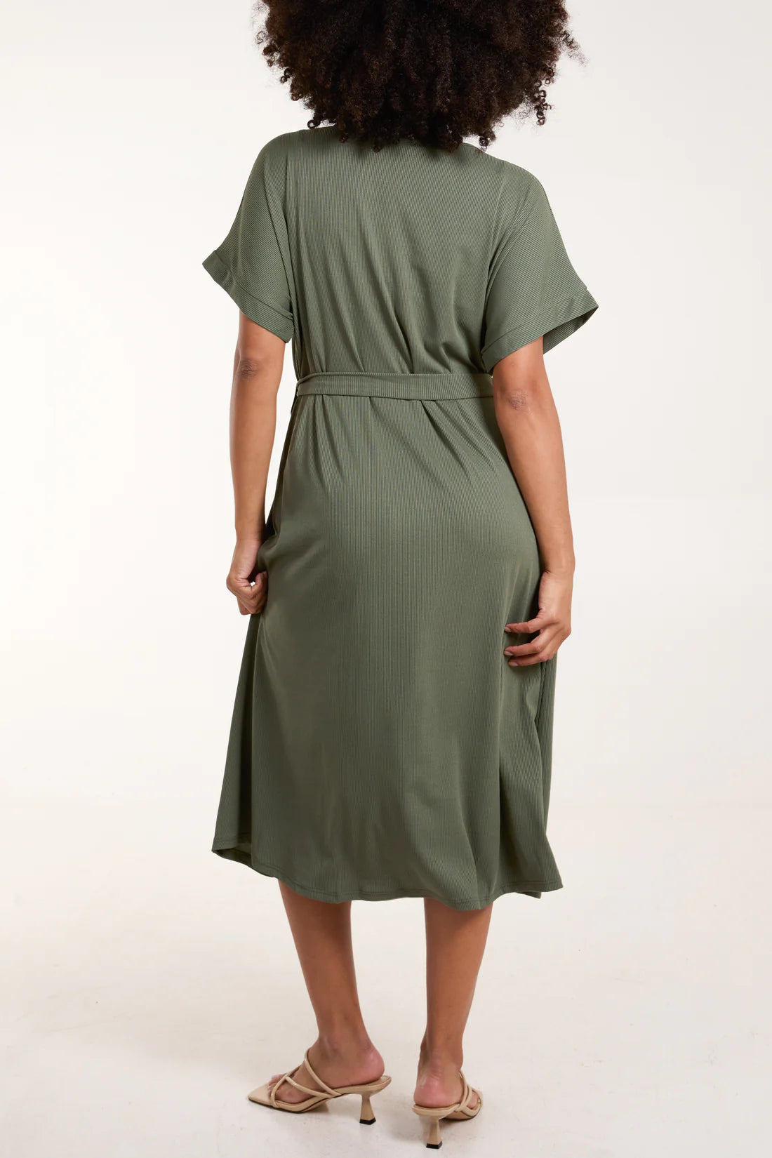 RIBBED TIE FRONT MIDI DRESS-KHAKI