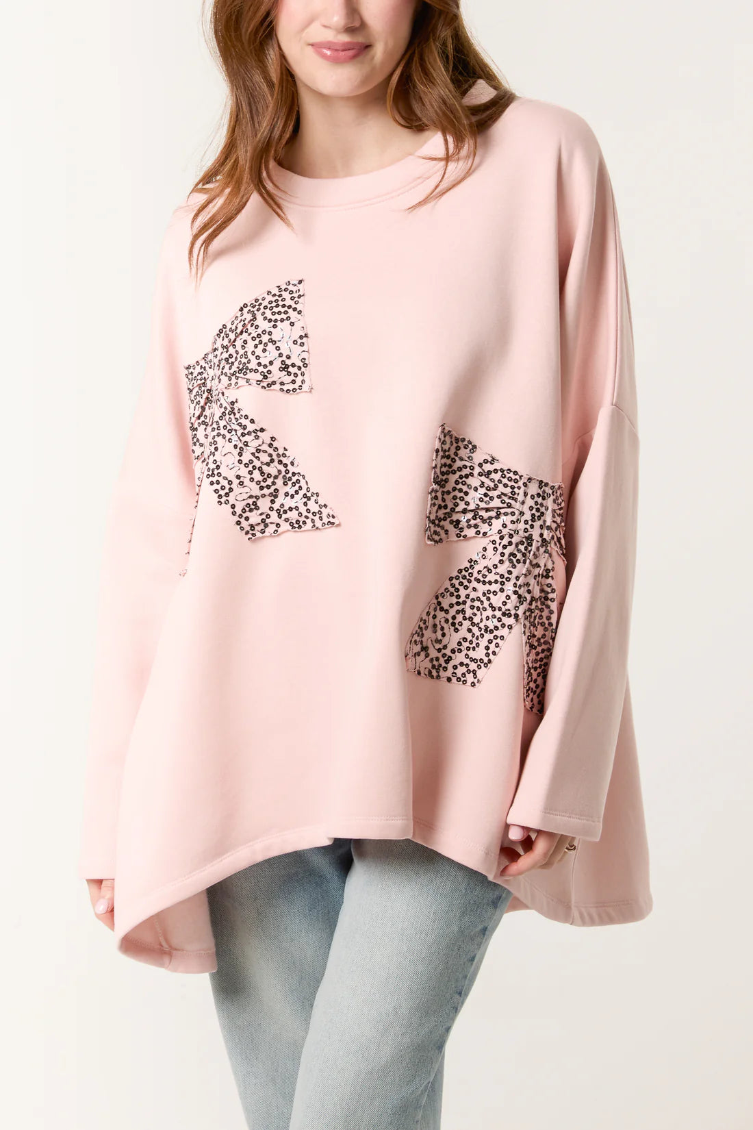 BOW FRONT OVERSIZED SWEATSHIRT-PINK