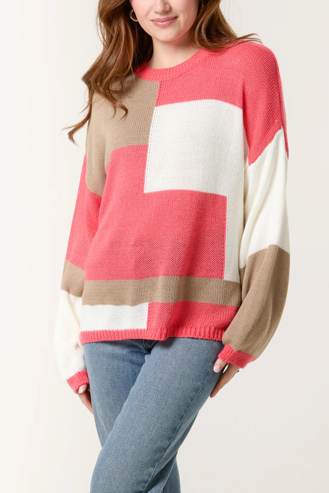 COLOUR BLOCK KNIT JUMPER-CORAL
