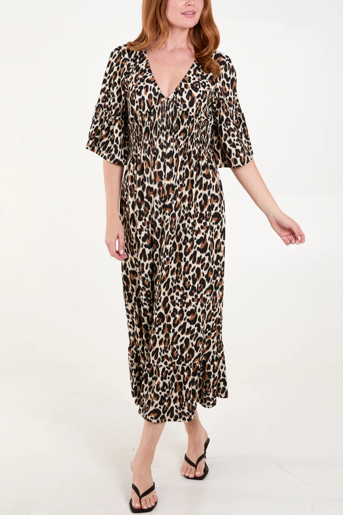 LEOPARD PRINT V-NECK SHIRRED WAIST MIDI DRESS - CREAM