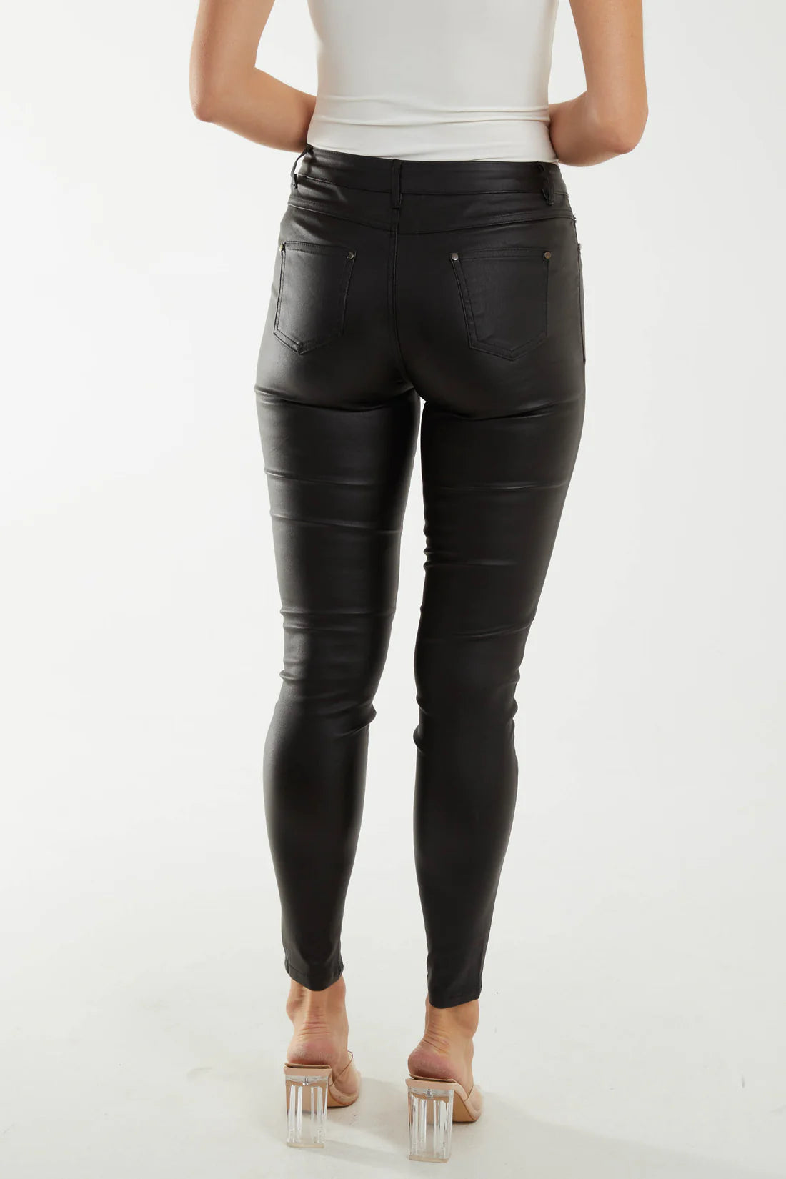 MID RISE FAUX LEATHER SKINNY JEANS - BLACK