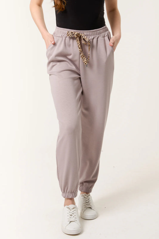 LEOPARD BOW CUFFED JOGGERS -MOCHA