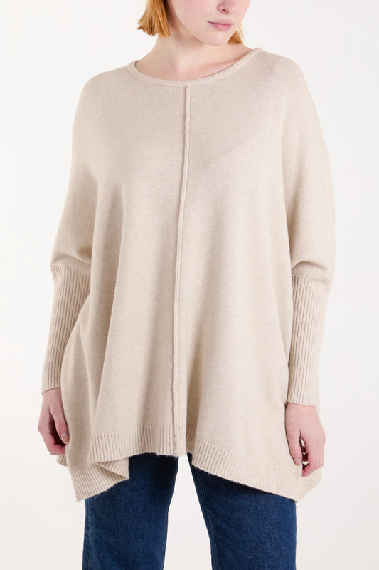 SEAM FRONT ROUND NECK RELAXED JUMPER-BEIGE
