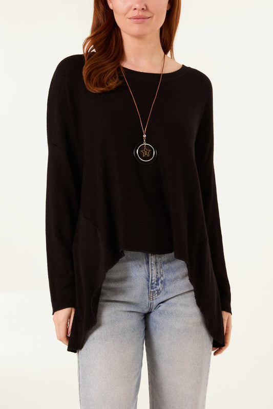 HIGH LOW FINE KNIT JUMPER - BLACK