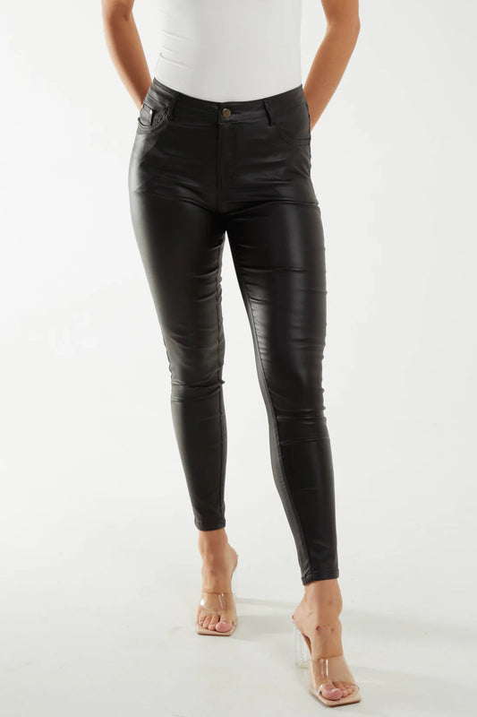 MID RISE FAUX LEATHER SKINNY JEANS - BLACK