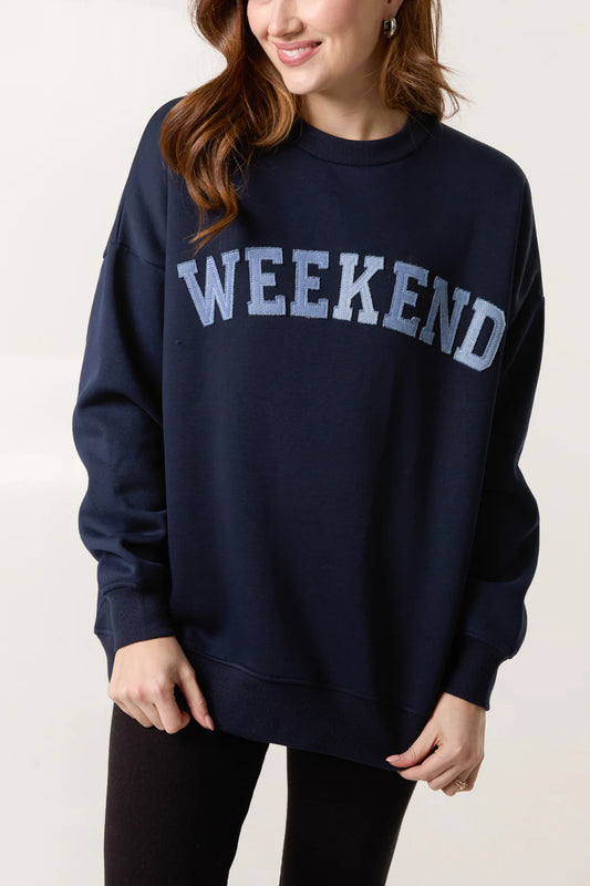 'WEEKEND' DENIM APPLIQUÉ SWEATSHIRT- NAVY