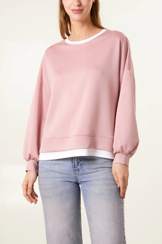 CONTRAST BORDER SOFT TOUCH SWEATSHIRT- BLUSH