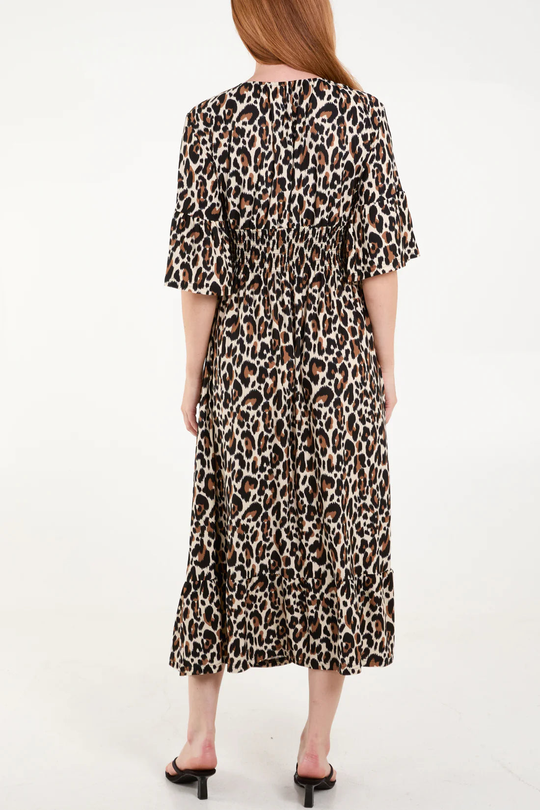 LEOPARD PRINT V-NECK SHIRRED WAIST MIDI DRESS - CREAM