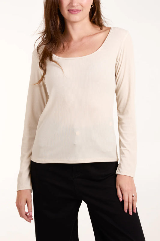 SCOOP NECK RIBBED LONG SLEEVE TOP-BEIGE