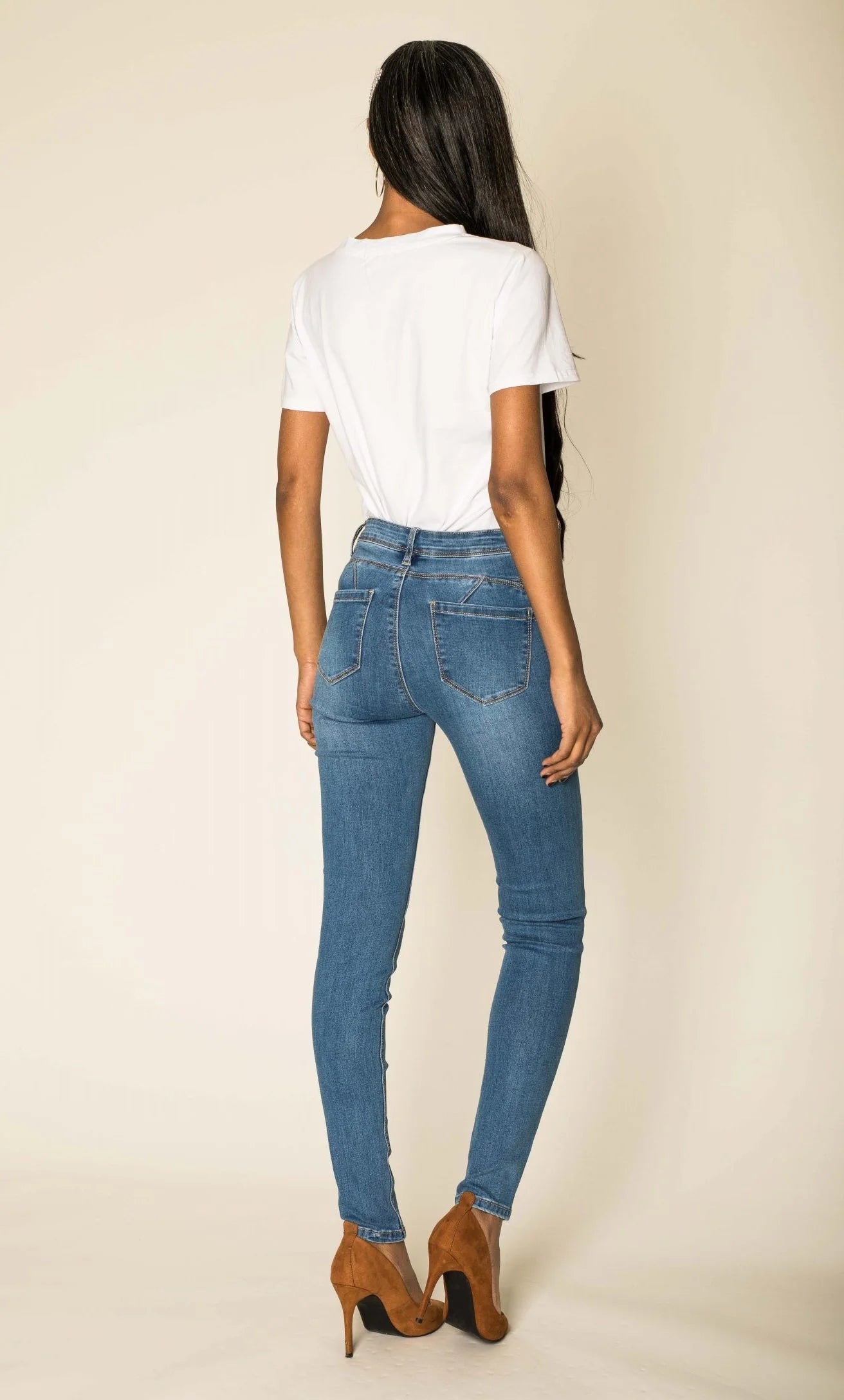 BUTTON HIGH WAIST JEANS-MID BLUE