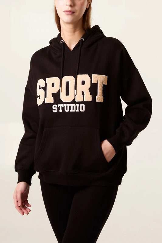 FLOCKING "SPORT STUDIO " LOGO HOODIE-BLACK