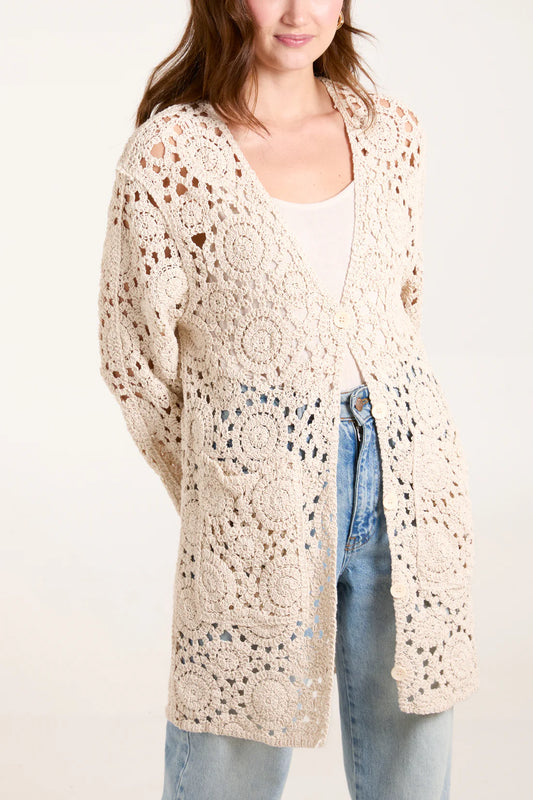 GEO CROCHET CARDIGAN-STONE