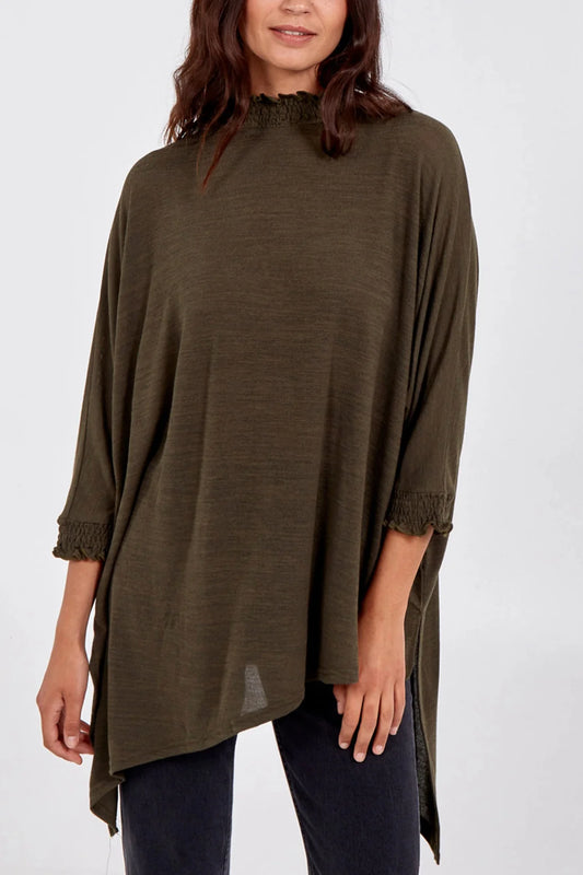 ASYMMETRIC TOP WITH SHIRRED COLLAR - KHAKI