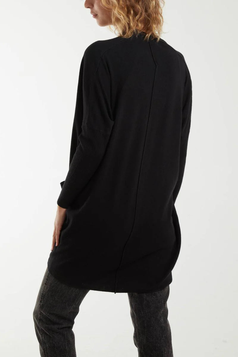 POCKET DETAIL LIGHTWEIGHT KNIT CARDIGAN-BLACK