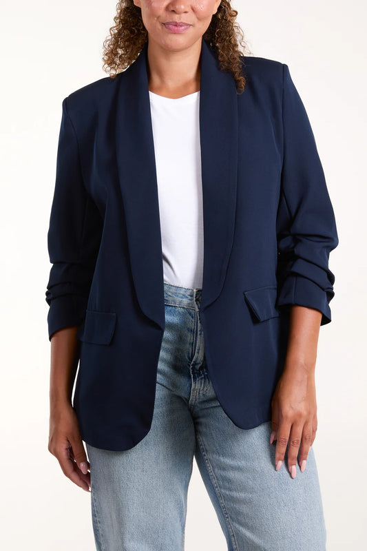 RUCHED SLEEVE BLAZER-NAVY