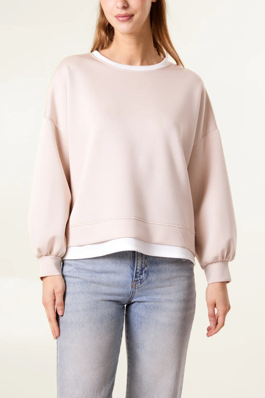 CONTRAST BORDER SOFT TOUCH SWEATSHIRT- STONE