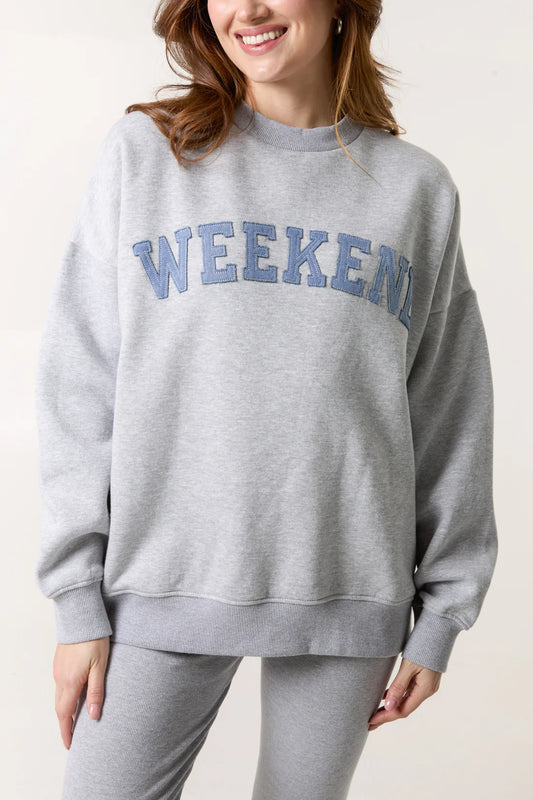 'WEEKEND' DENIM APPLIQUÉ SWEATSHIRT- GREY