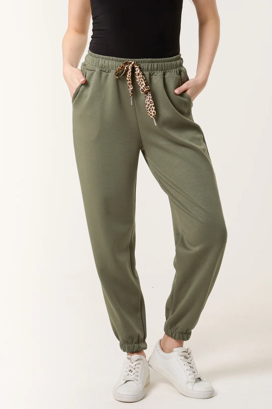 LEOPARD BOW CUFFED JOGGERS - KHAKI