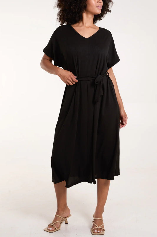 RIBBED TIE FRONT MIDI DRESS -BLACK