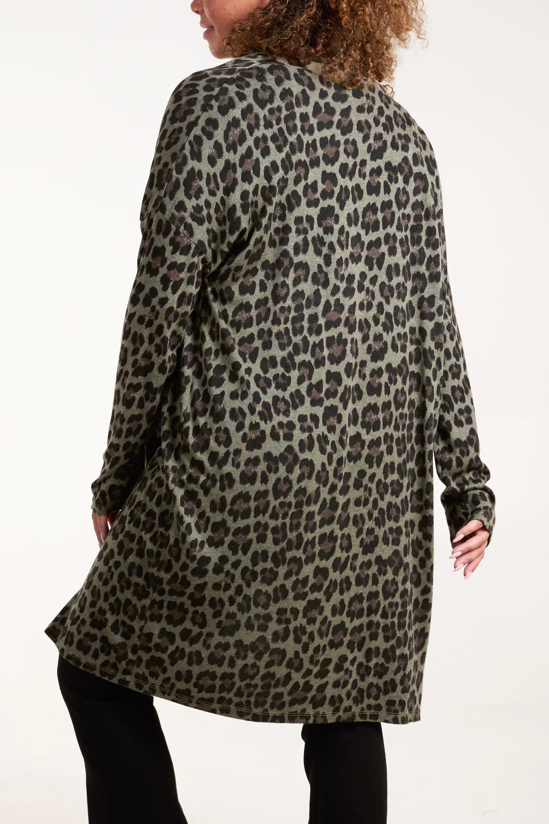 LEOPARD LONGLINE CARDIGAN WITH POCKETS- KHAKI