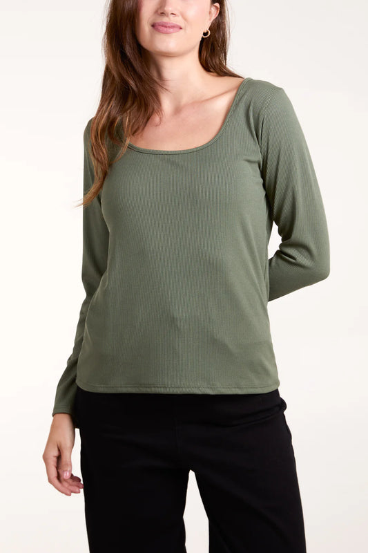 SCOOP NECK RIBBED LONG SLEEVE TOP-KHAKI