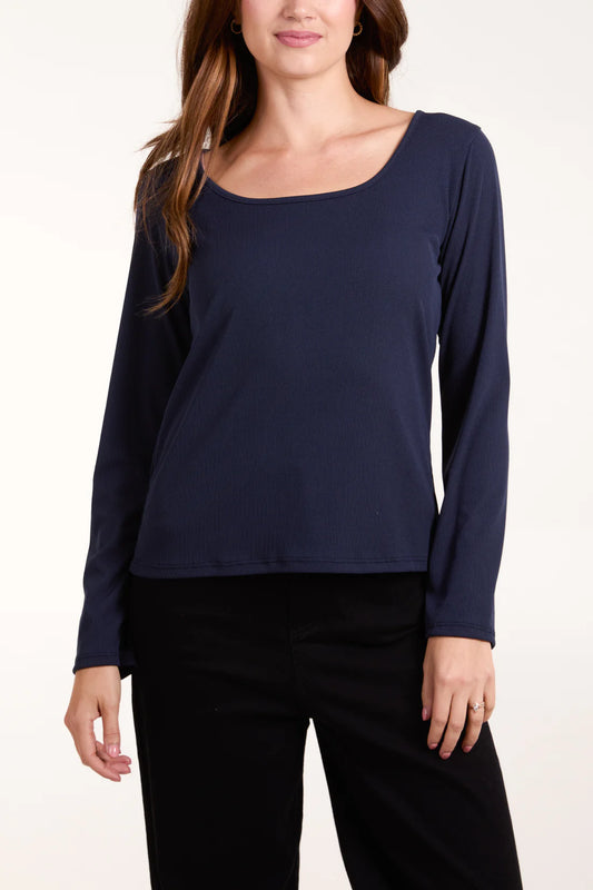 SCOOP NECK RIBBED LONG SLEEVE TOP-NAVY