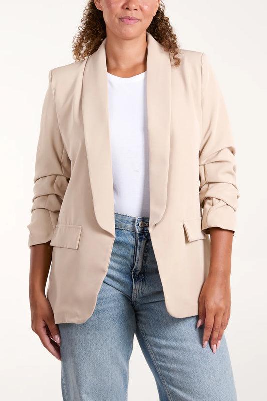 RUCHED SLEEVE BLAZER-STONE