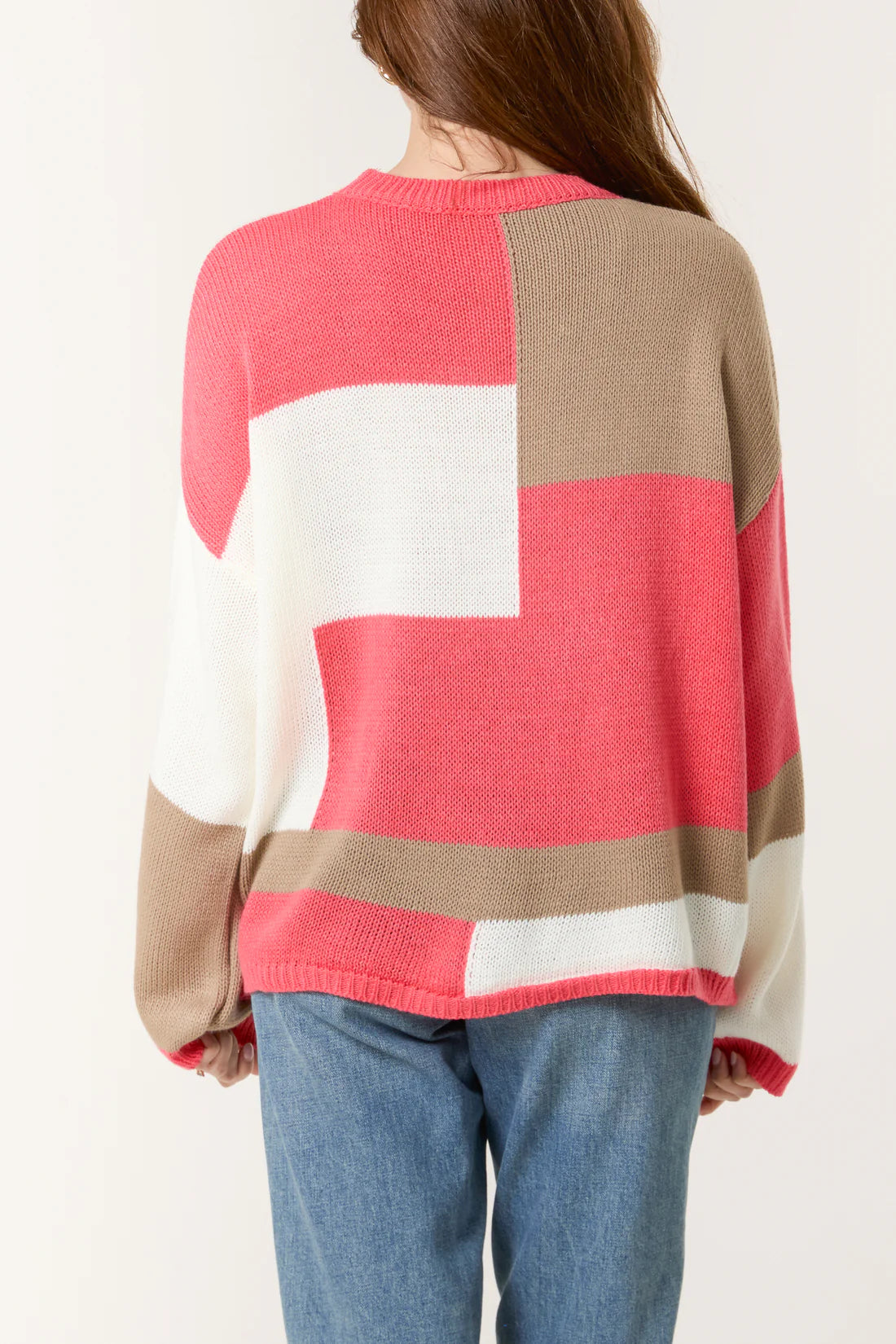 COLOUR BLOCK KNIT JUMPER-CORAL
