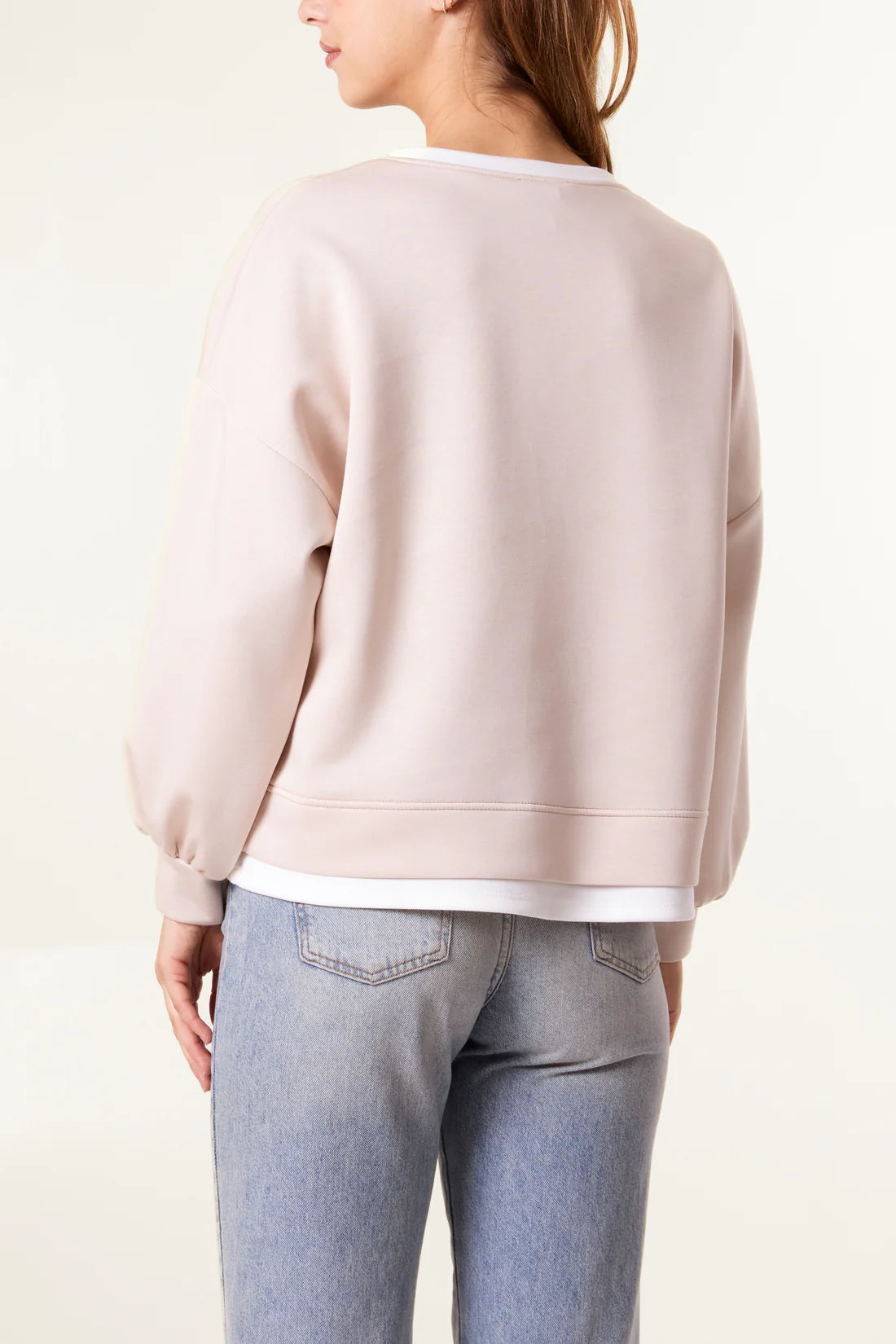 CONTRAST BORDER SOFT TOUCH SWEATSHIRT- STONE