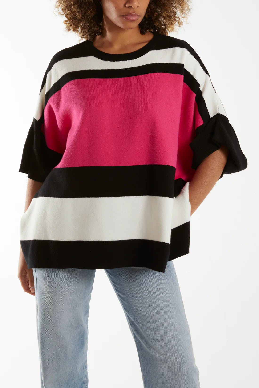 COLOUR BLOCK BOXY JUMPER-HOT PINK