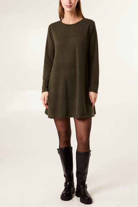 FINE KNIT LONG SLEEVE SWING MINI DRESS - KHAKI