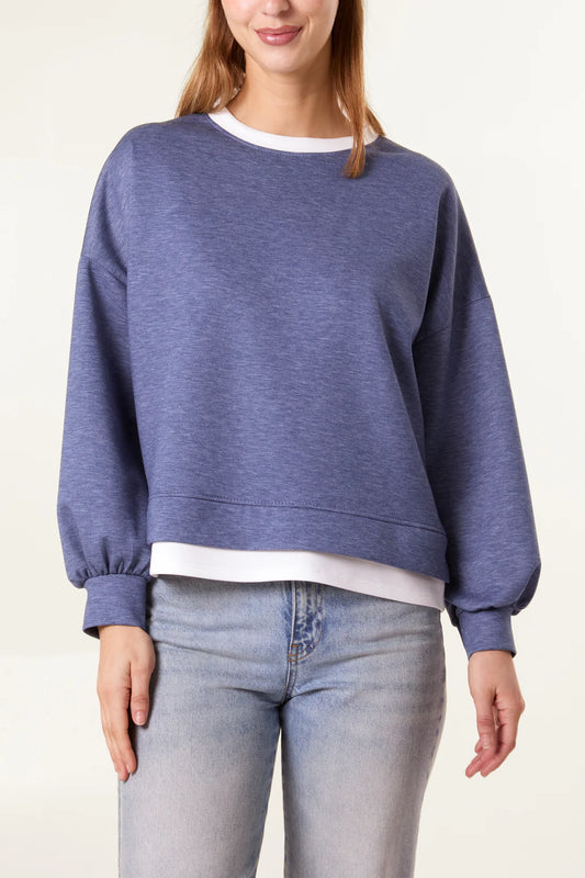 CONTRAST BORDER SOFT TOUCH SWEATSHIRT- DENIM