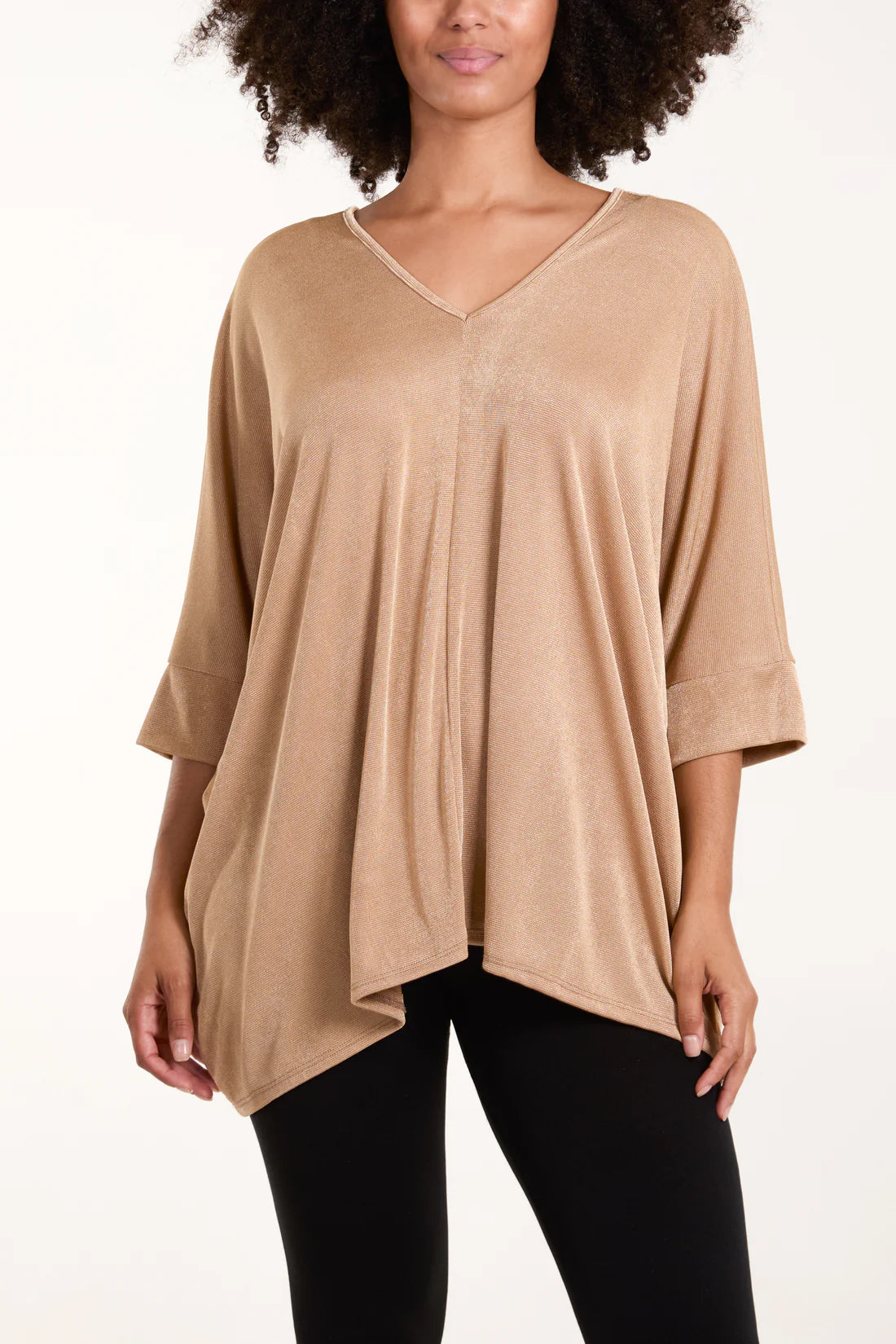 DOUBLE V NECK ACETATE TOP-CAMEL