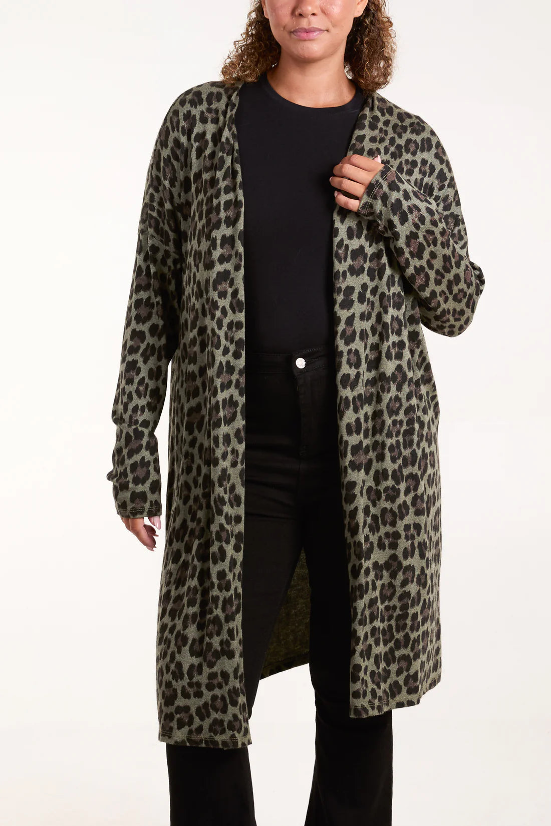 LEOPARD LONGLINE CARDIGAN WITH POCKETS- KHAKI