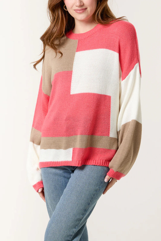 COLOUR BLOCK KNIT JUMPER-CORAL