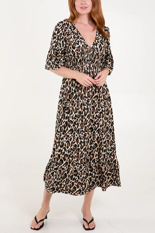 LEOPARD PRINT V-NECK SHIRRED WAIST MIDI DRESS - CREAM