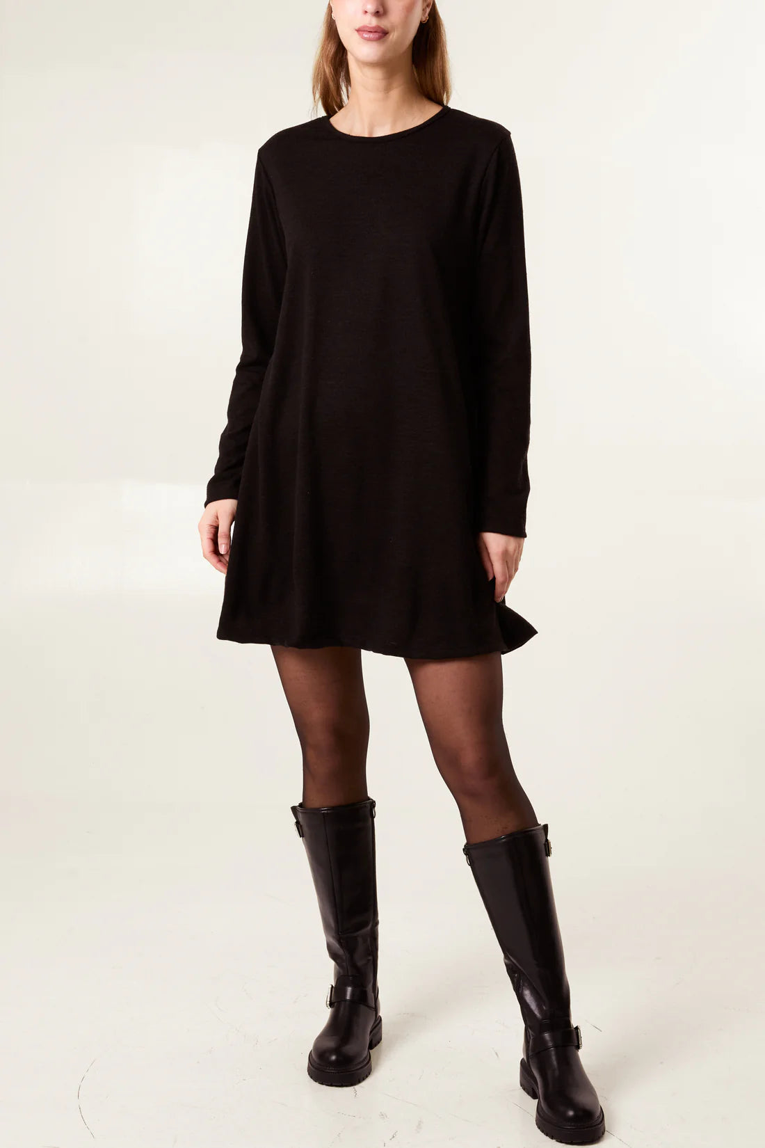 FINE KNIT LONG SLEEVE SWING MINI DRESS - BLACK