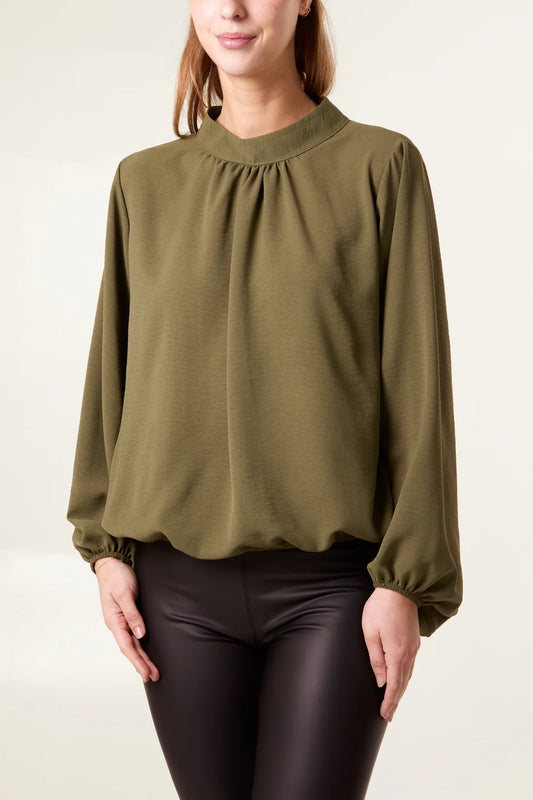 HIGH NECK PUFFBALL SLEEVE BLOUSE - KHAKI