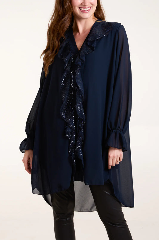 SEQUINS FRONT FRILL BLOUSE-NAVY