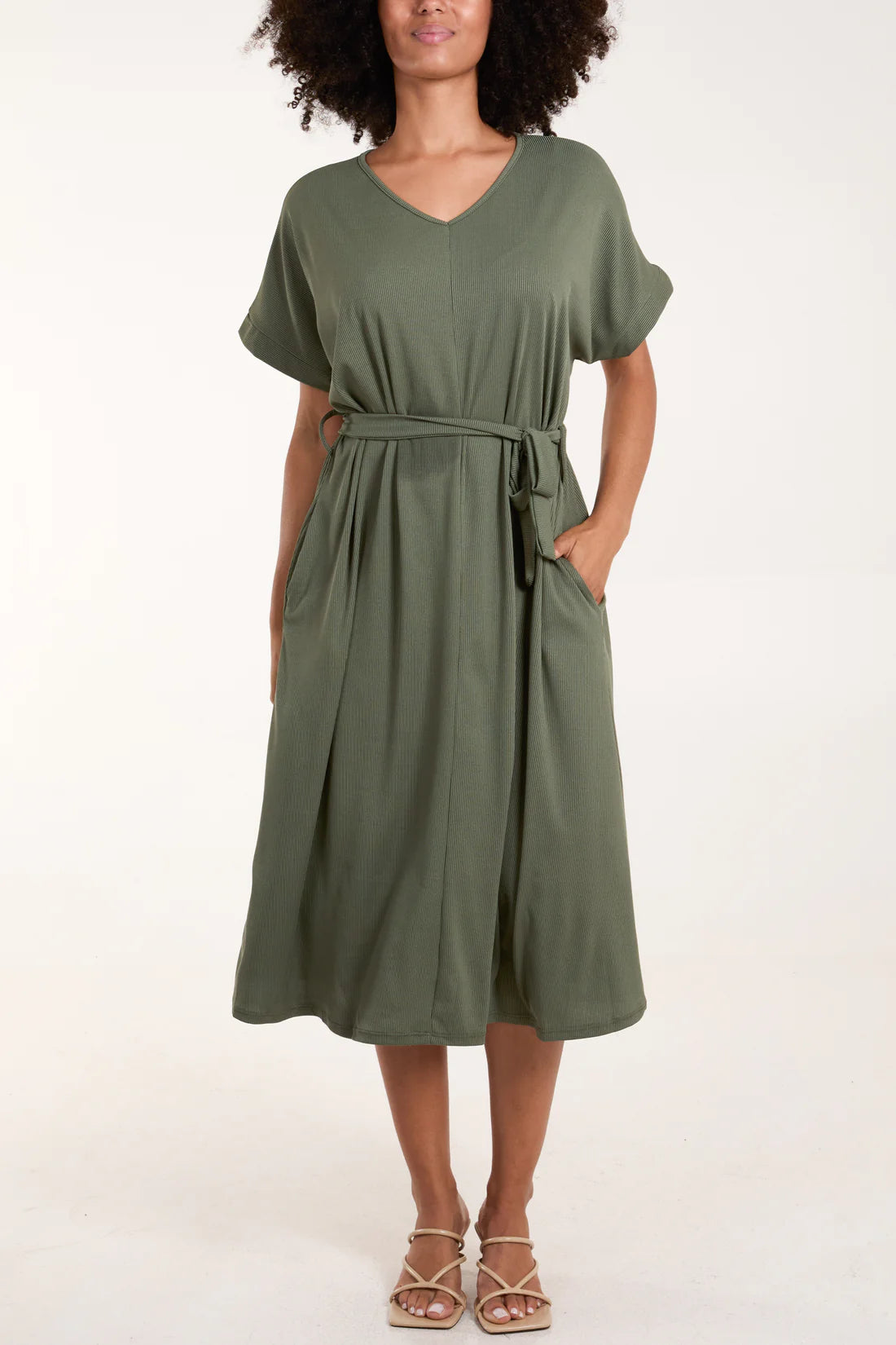 RIBBED TIE FRONT MIDI DRESS-KHAKI