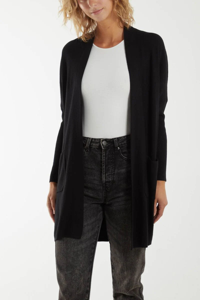 POCKET DETAIL LIGHTWEIGHT KNIT CARDIGAN-BLACK