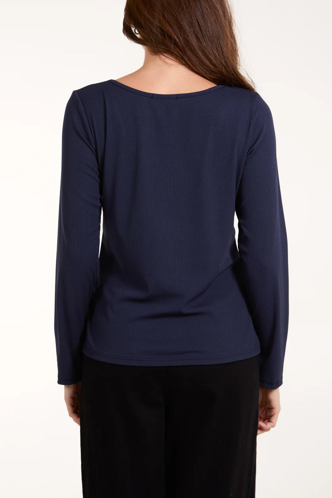 SCOOP NECK RIBBED LONG SLEEVE TOP-NAVY