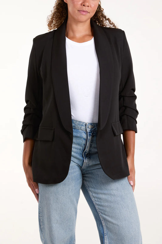 RUCHED SLEEVE BLAZER-BLACK