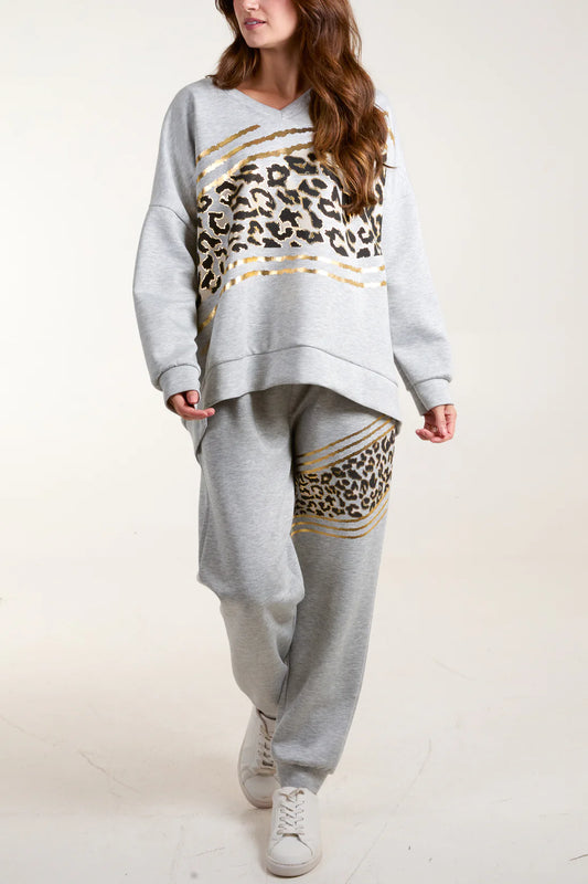 FOIL LEOPARD SWEAT TOP AND TROUSERS SET - GREY