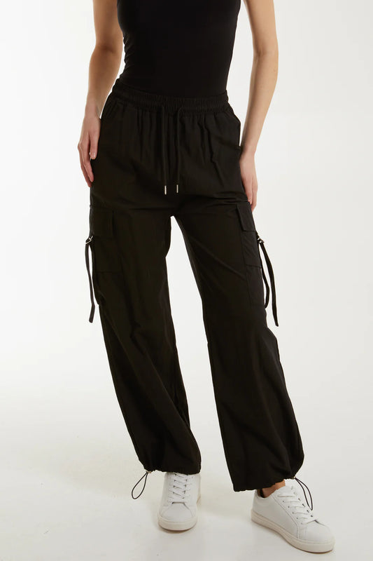 DRAWSTRING POCKET CUFFED CARGO TROUSERS-BLACK