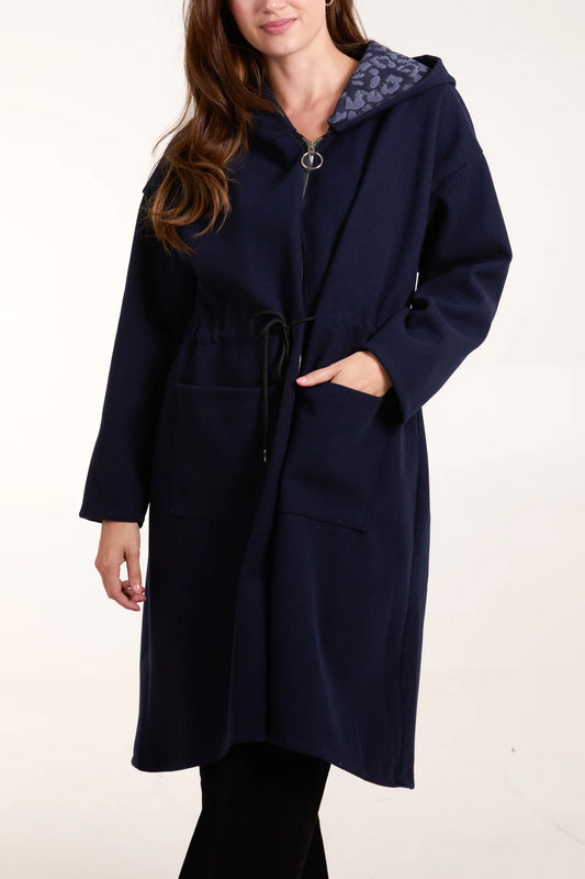 TIE WAIST ZIP UP HOODED COAT-NAVY