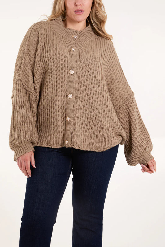 HIGH NECK BALLOON SLEEVE CARDIGAN-MOCHA