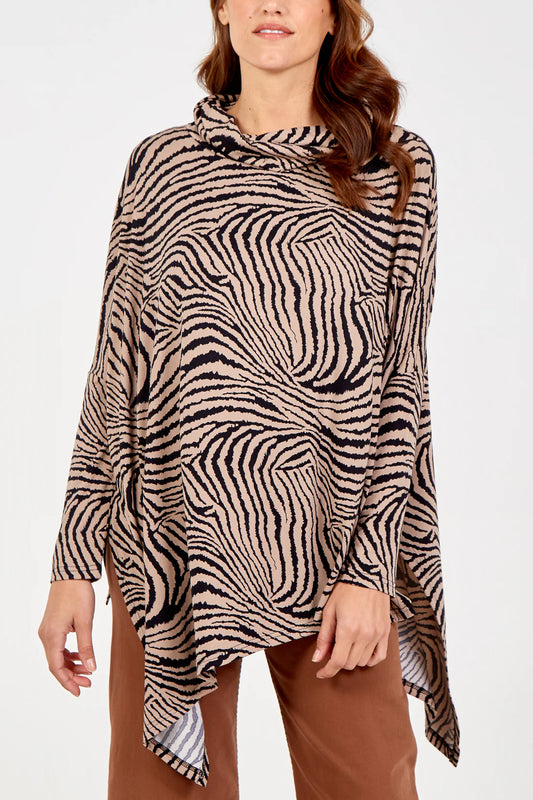 ABSTRACT ZEBRA OVERSIZED COWL NECK TOP-STONE